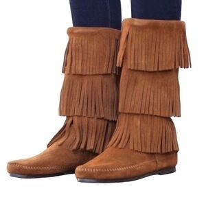 Minnetonka Boots Brown 3 Layer Boho Fringe Suede 1632 Calf High Boots Size 9